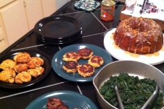 Grilled Filet Mignon, Baked and Fried Crab Cakes, Spinach, and Apple Cream-Cheese Cake